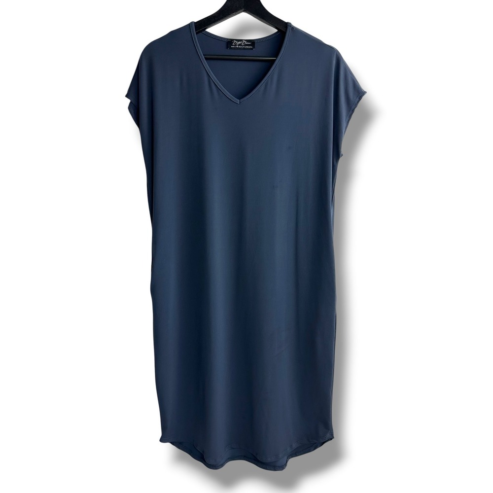 Bright Brown Shift‎ Dress Womens L Blue Excellent V-Neck Cap Sleeve Jersey Knit